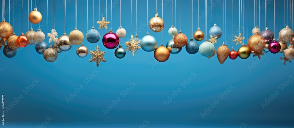 Poster festive christmas ornaments in various colors cascade down on a vibrant blue backdrop creating a mer