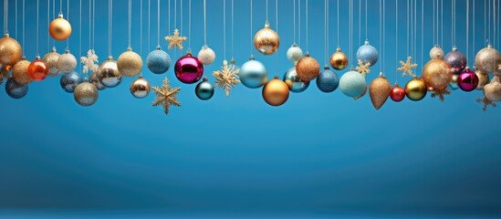 Festive Christmas ornaments in various colors cascade down on a vibrant blue backdrop creating a merry holiday atmosphere This captivating image offers ample space for personalized messages