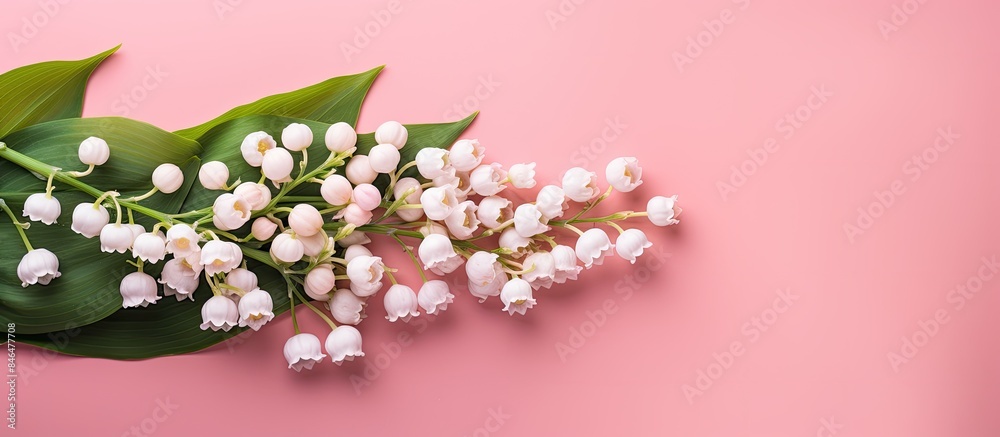 Poster Copy space image of a top view bouquet of lilies of the valley on a pink background creating a floral setting that is perfect for occasions like Mother s Day or Women s Day