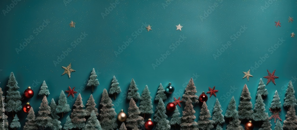 Leinwandbilder Top down view of a festive flat lay composition featuring Christmas trees against a vibrant background creating an ideal space for additional images or text