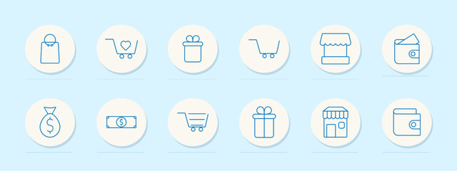 E-commerce set icon. Shopping bag, cart, gift, store, wallet, money bag, bill, market, online purchase. Shopping, online retail, digital transactions concept. Vector line icons on blue background.