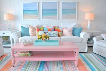 Beach inspired living room with a pastel color palette, three wall art paintings on the back wall above the sofa