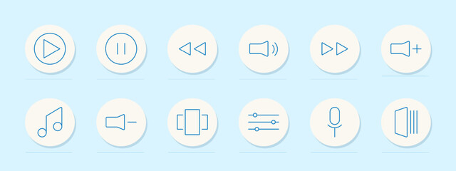 Media control set icon. Play, pause, rewind, volume, fast forward, music note, mute, speakers, sliders, microphone, sound waves. Audio, playback, multimedia concept. Vector line icons