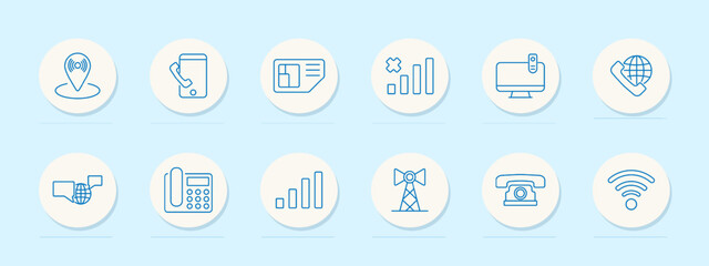 Communication set icon. Pin, envelope, house, monitor, record, chat bubble, eye, leaf, flash drive, radar, map, globe. Digital communication, messaging, navigation, security concept. Vector line icons