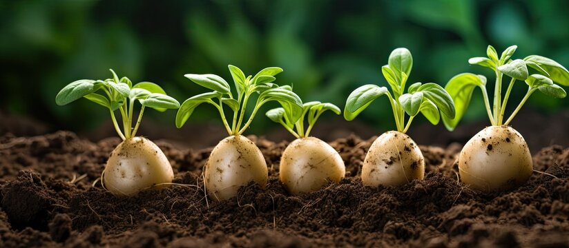 Young potato sprouts growing in a mulch bedding of straw Gardening without digging High quality photo. copy space available