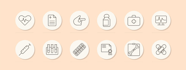 Medical set icon. Heart rate, prescription, syringe, pills, lab test, stethoscope. Healthcare, diagnosis, treatment concept. Vector line icons on beige background.