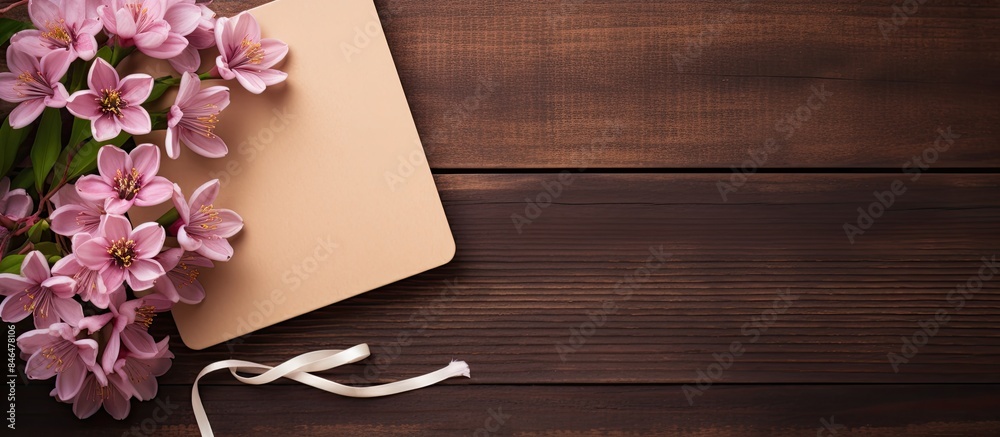 Aufkleber Top view of a wooden desk adorned with delicate violet flowers a gift box and an empty notebook a perfect setting for adding text to the image. copy space available