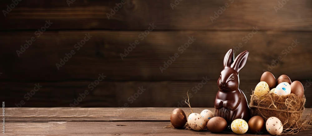 Poster copy space image featuring easter chocolate bunny and eggs beautifully arranged on a rustic wooden b