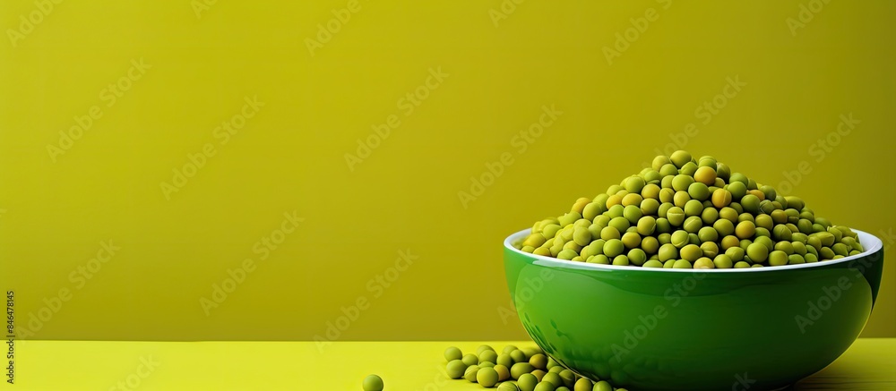 Poster there is a bowl with vibrant green peas placed against a colorful background in this image. copy spa