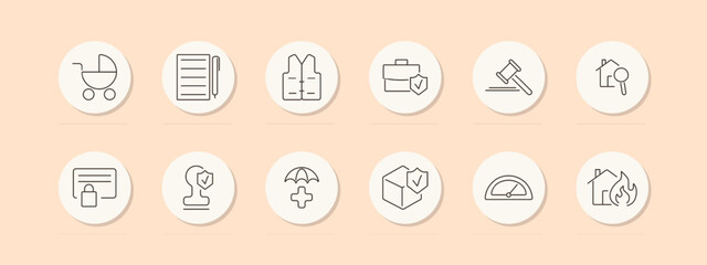 Insurance set icon. Stroller, document, vest, briefcase, gavel, house, certificate, shield, umbrella, box, meter, fire. Insurance, protection concept. Vector line icon on peach background.