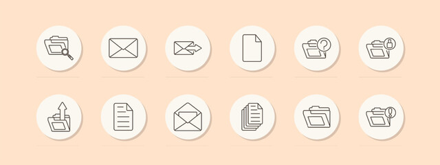 File management set icon. Folder search, envelope, send mail, document, upload, file stack, lock. File organization, digital concept. Vector line icon on peach background.