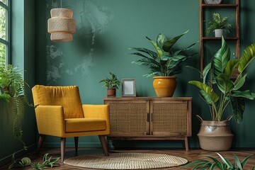 Beige cabinet with rattan accents, mustard armchair and wooden sideboard against green wall