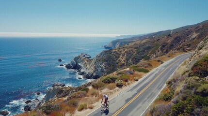 A cyclist pedaling uphill on a rugged road with steep cliffs and a clear blue sky in the background. . AI generation.