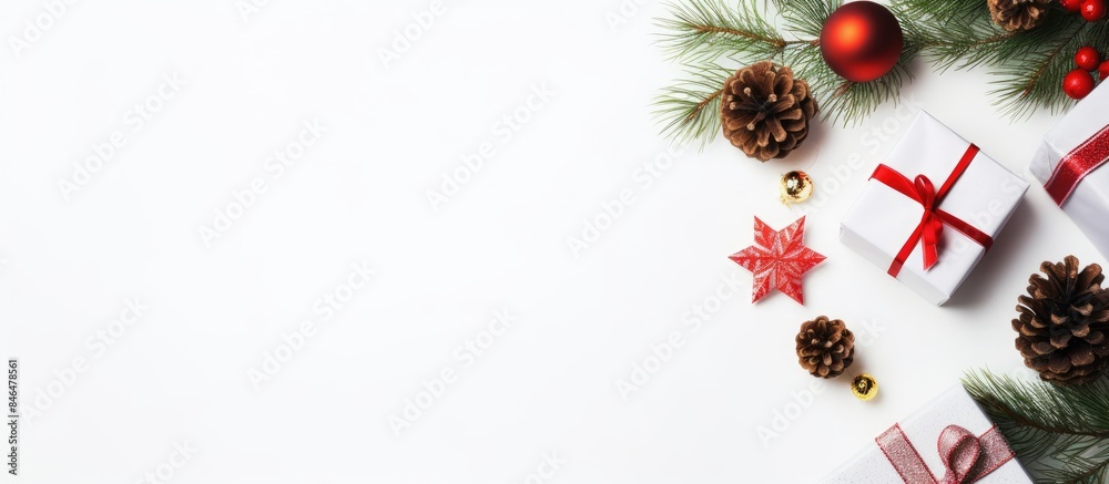 Poster winter festive concept with a gift fir branch and christmas decorations beautifully arranged on a wh
