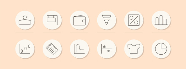Sales and marketing set icon. Hanger, signboard, wallet, funnel, percentage, graph, ticket, shirt, chart. Vector line icon on peach background.