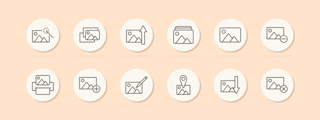 Photo management set icon. Image editing, gallery, location, delete, add, resize, photo, enhance. Vector line icon on peach background.