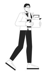 Young asian man getting unemployed black and white 2D line cartoon character. Japanese male with belongings isolated vector outline person. Firing staff problem monochromatic flat spot illustration