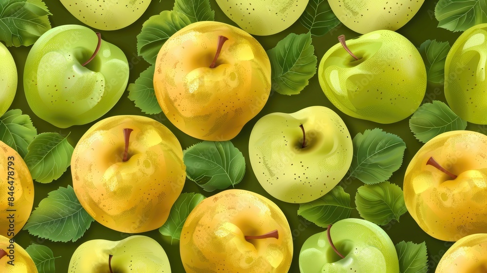 Wall mural green and yellow apples in seamless pattern on a tiled background