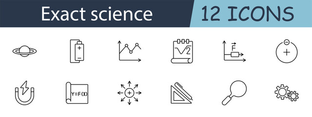 Exact science set icon. Planet, battery, graph, square root, force, particle, magnet, function, vector, protractor, magnifier, gears. Scientific concept. Vector line icon on white background.