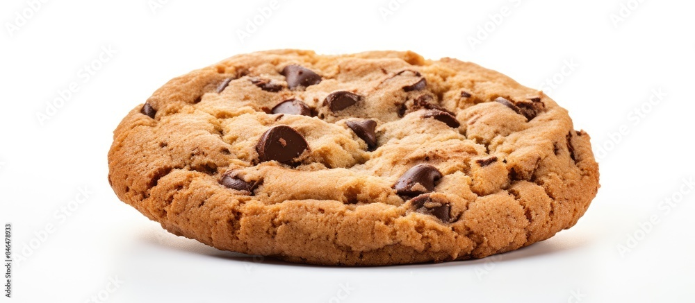 Poster the cookie with its chocolate chips is framed and stands alone on a white backdrop leaving room for 