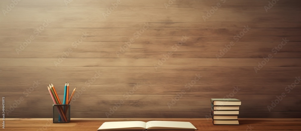 Poster toned wooden office desk with essential supplies such as a notepad pen and pencil it also provides a