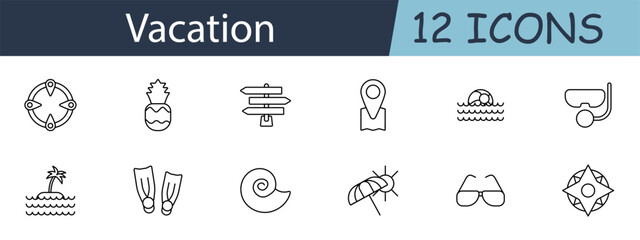 Vacation set icon. Includes beach, snorkeling, island, travel, and summer symbols. Perfect for holiday, relaxation, and tropical trip concepts. Vector line icon on white background.