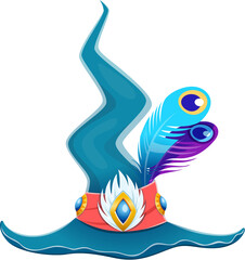 Cartoon Halloween witch hat with vibrant feathers, red hatband and gemstone buckle. Isolated vector whimsical accessory, embodies a playful, spooky spirit, perfect for costume parties and festivities