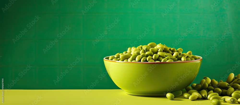 Poster there is a bowl with vibrant green peas placed against a colorful background in this image. copy spa