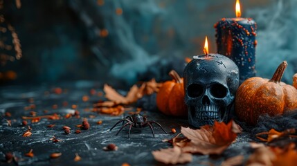 photo retro and decoration for Halloween. background copy space. Candle Darkness . copy space area