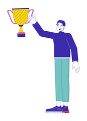Smiling asian man showing winner bowl 2D linear cartoon character. Korean male celebrating victory isolated line vector person white background. Leadership achievement color flat spot illustration