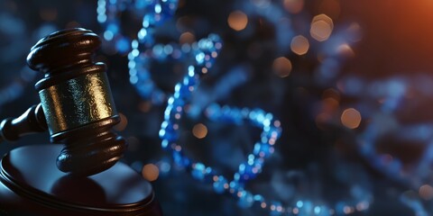 A gavel with a DNA strand in the background, symbolizing the intersection of law and genetic science in a dramatic setting.