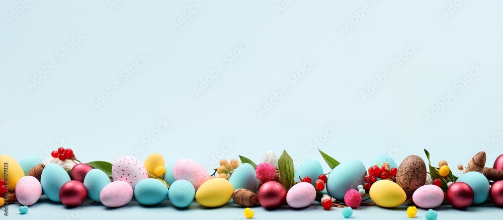 Poster copy space image featuring a wide banner depicting a joyful easter concept adorned with abundant sma