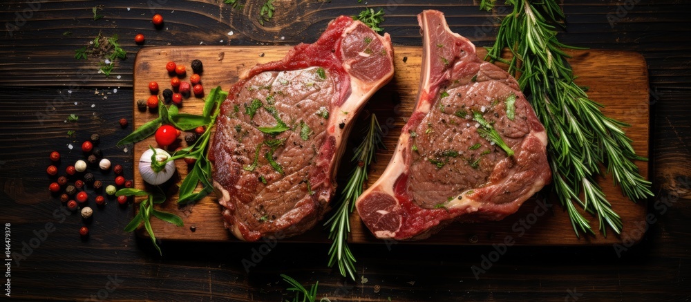 Poster top view of fresh mutton chop leg steaks uncooked and seasoned with herbs placed on a wooden backgro