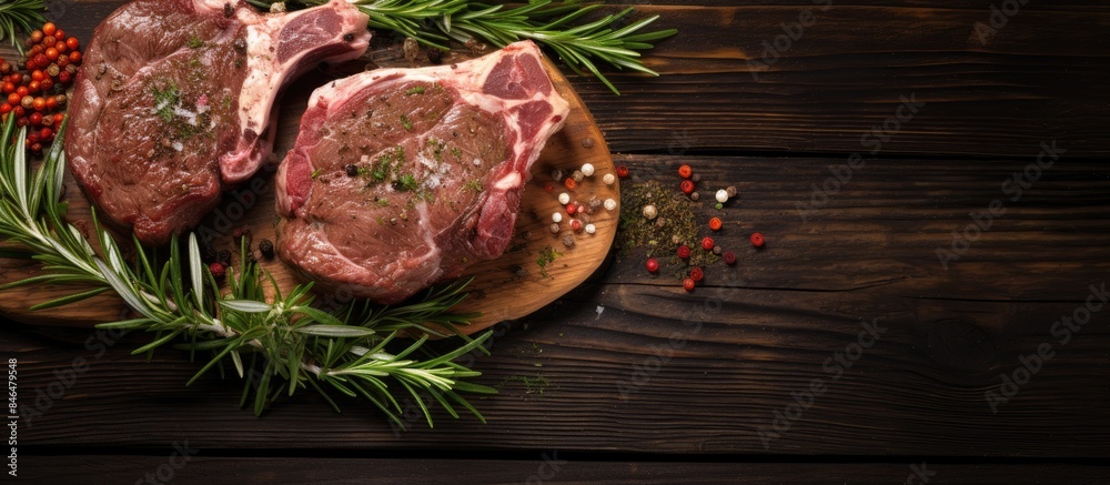 Poster top view of fresh mutton chop leg steaks uncooked and seasoned with herbs placed on a wooden backgro