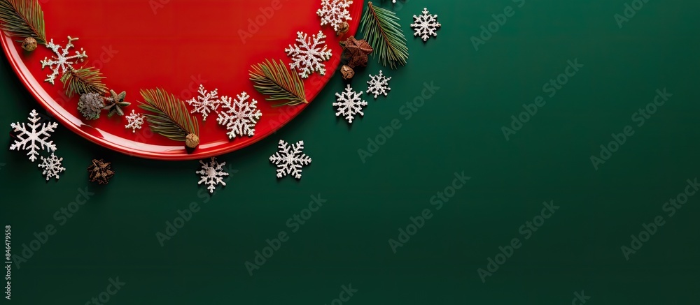 Poster Top view of a festive winter themed flat lay featuring a circular frame made of green fir tree branches resembling snowflakes against a red background This nature inspired New Year layout offers a pe