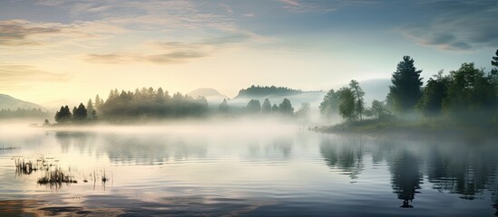 Obraz premium Early in the morning there is a foggy lake landscape with mist. copy space available