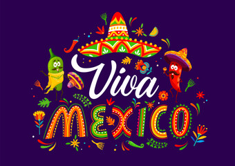 Viva Mexico banner with colorful, festive decorations, cartoon chili pepper characters wearing sombreros, vibrant patterns and traditional latin elements, celebrating Mexican culture and festivities