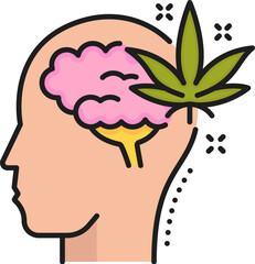 Medical cannabis mental health color line icon. Medicine cannabis drug linear icon, medical weed plant or natural marijuana product outline vector sign or pictogram with human head and brain