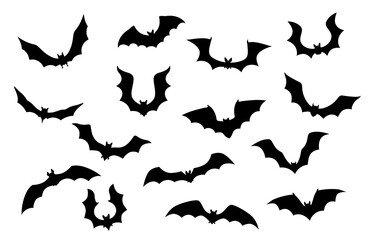 Halloween bats silhouettes for holiday horror night, cartoon vector icons. Flying scary vampire bats in black silhouettes on white background for Halloween and trick or treat party decoration