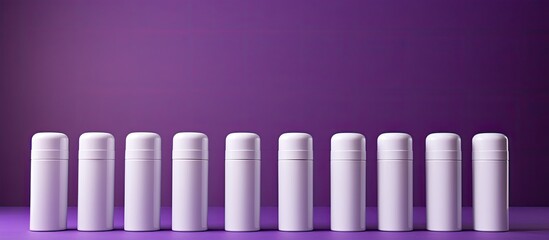 Purple background with a composition of natural roll on deodorants for females allowing space for text. copy space available