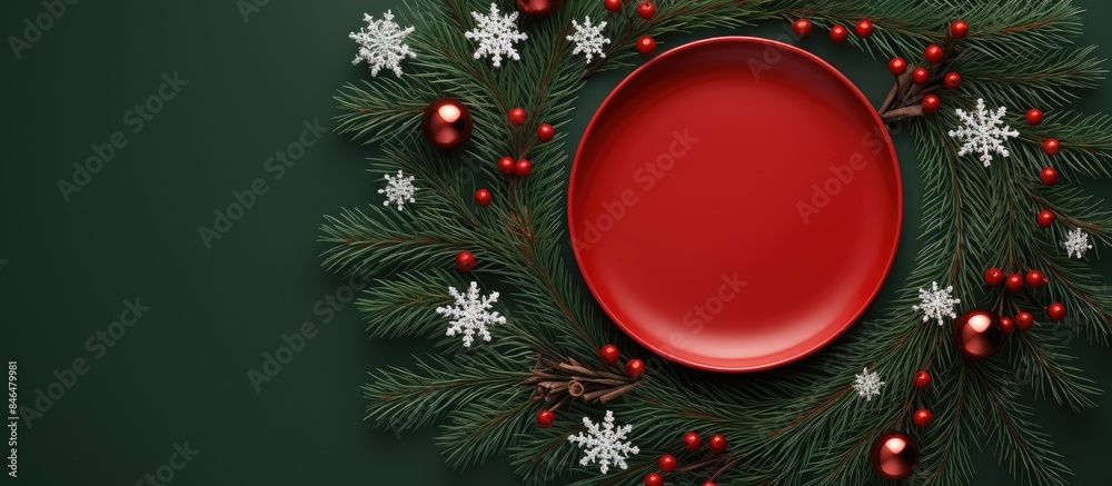 Poster top view of a festive winter themed flat lay featuring a circular frame made of green fir tree branc