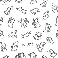 Cute crocodile character engaged in different activity. Seamless pattern. Coloring Page. Funny adorable cartoon animal. Hand drawn style. Vector drawing. Design ornaments.