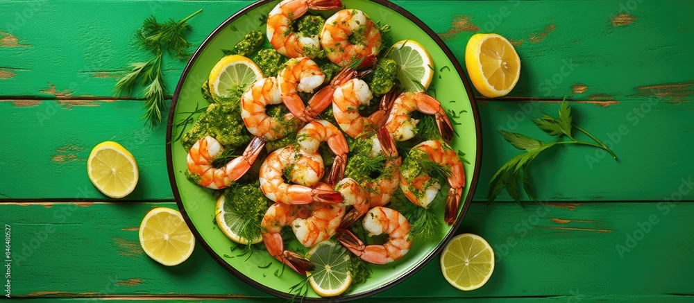 Poster top view of a delicious seafood snack consisting of grilled shrimps with a lemon slice presented on 