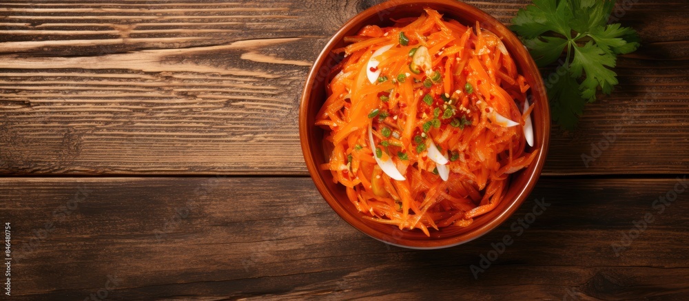 Aufkleber top view of a bowl filled with a korean pickled carrots salad placed on a wooden background with cop