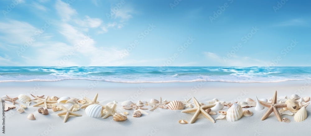 Poster copy space image of seashells and starfishes scattered on a pristine expanse of white sand