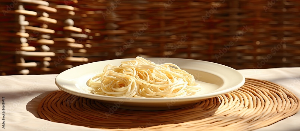 Poster copy space image of a white plate of pasta set against a backdrop of wicker service