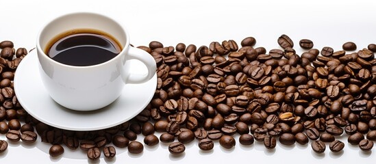 Fototapeta premium Coffee cup and coffee beans on a white background with plenty of copy space image