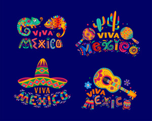 Viva Mexico lettering icons with sombrero, guitar and maracas for Mexican holiday fiesta, vector banners. Viva Mexico lettering with cactus, chameleon and gecko in Mexican floral ornament pattern