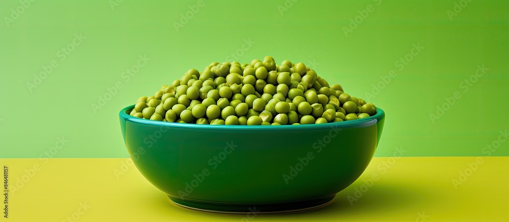 Poster there is a bowl with vibrant green peas placed against a colorful background in this image. copy spa