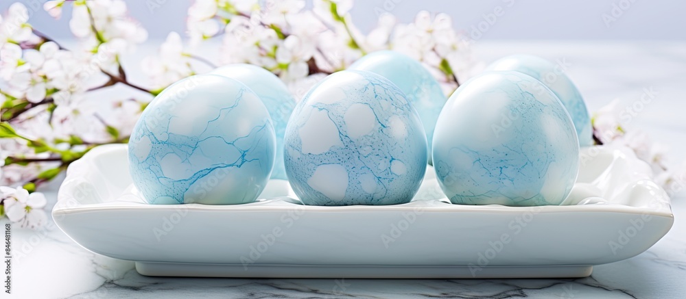 Aufkleber Tray of blue Easter eggs transformed into dyed eggs with a light blue marble effect Placed on a white tablecloth adorned with cherry blossoms Provides a serene background with copy space for an Easte
